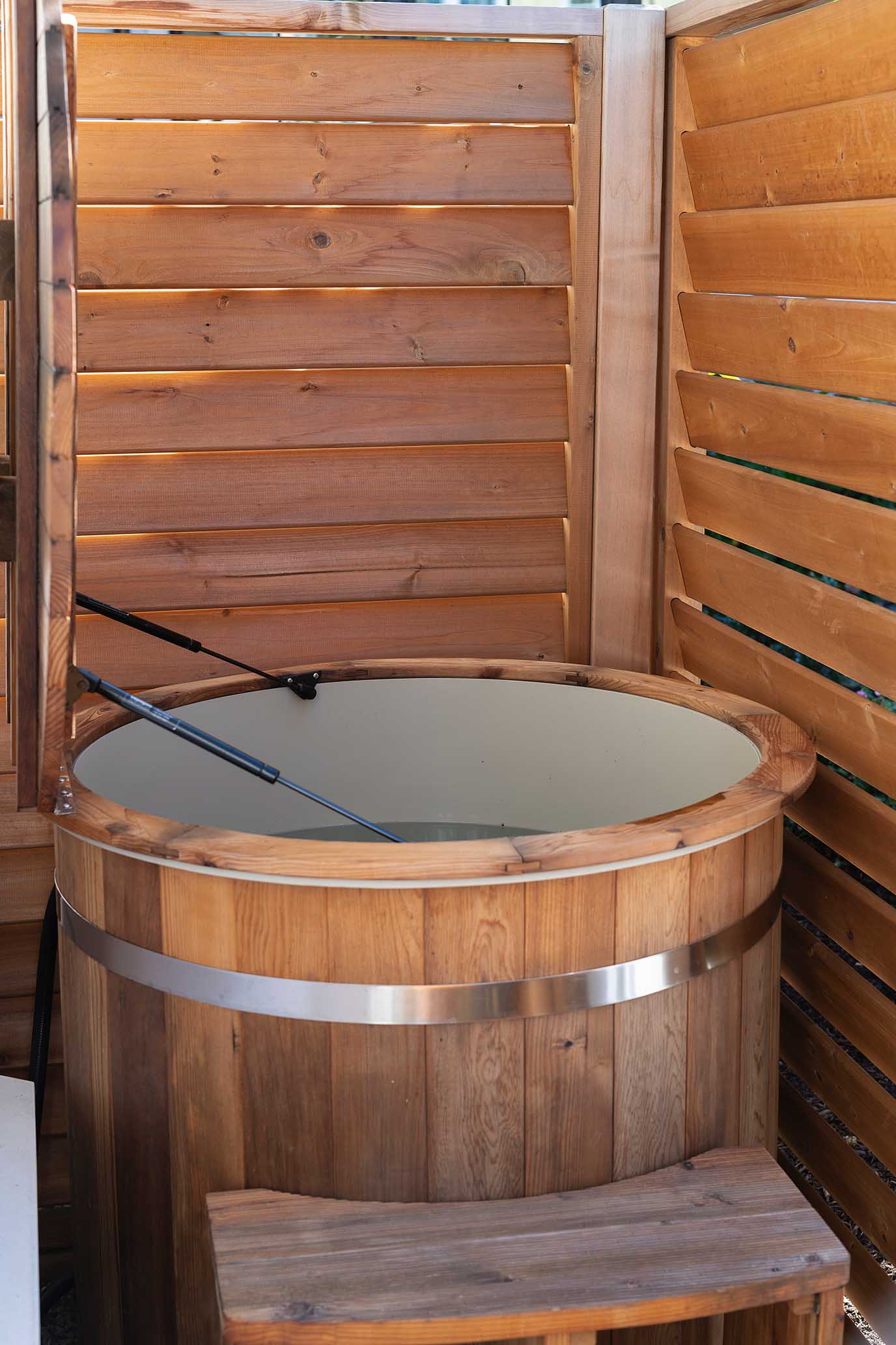 Dedicated cold plunge tub in a private wellness courtyard, illustrating the bespoke amenities offered by premier Rhode Island design-build firms.